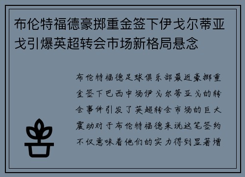 布伦特福德豪掷重金签下伊戈尔蒂亚戈引爆英超转会市场新格局悬念