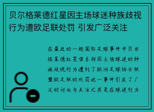 贝尔格莱德红星因主场球迷种族歧视行为遭欧足联处罚 引发广泛关注 贝尔格莱德红星因主场球迷种族歧视行为遭欧足联处罚 引发广泛关注