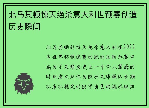 北马其顿惊天绝杀意大利世预赛创造历史瞬间