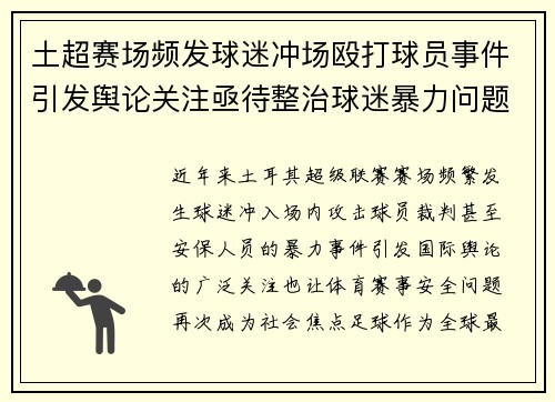 土超赛场频发球迷冲场殴打球员事件引发舆论关注亟待整治球迷暴力问题