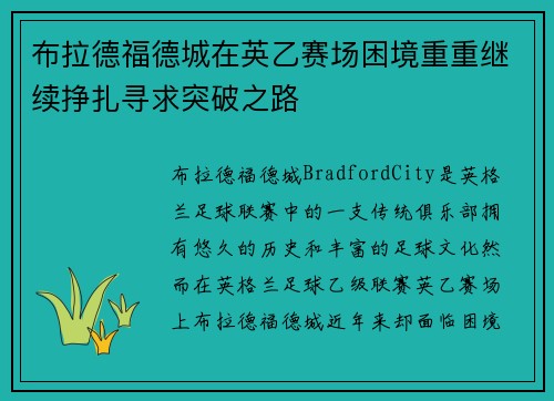 布拉德福德城在英乙赛场困境重重继续挣扎寻求突破之路