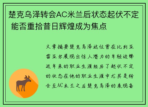 楚克乌泽转会AC米兰后状态起伏不定 能否重拾昔日辉煌成为焦点