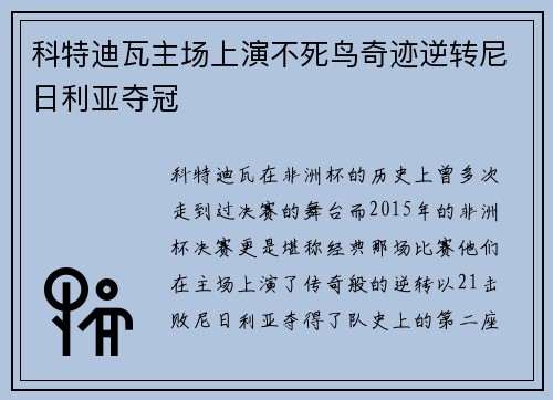 科特迪瓦主场上演不死鸟奇迹逆转尼日利亚夺冠