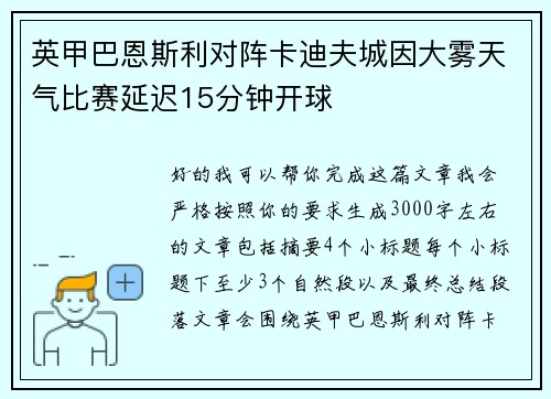 英甲巴恩斯利对阵卡迪夫城因大雾天气比赛延迟15分钟开球