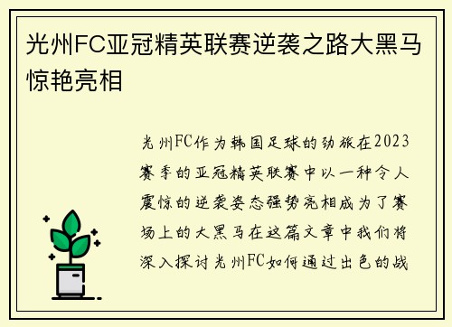 光州FC亚冠精英联赛逆袭之路大黑马惊艳亮相